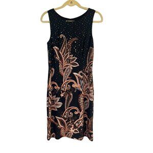 Joseph Ribkoff Dress 10 Black Sequin Floral Midi LBD Tropical Bodycon Neutral